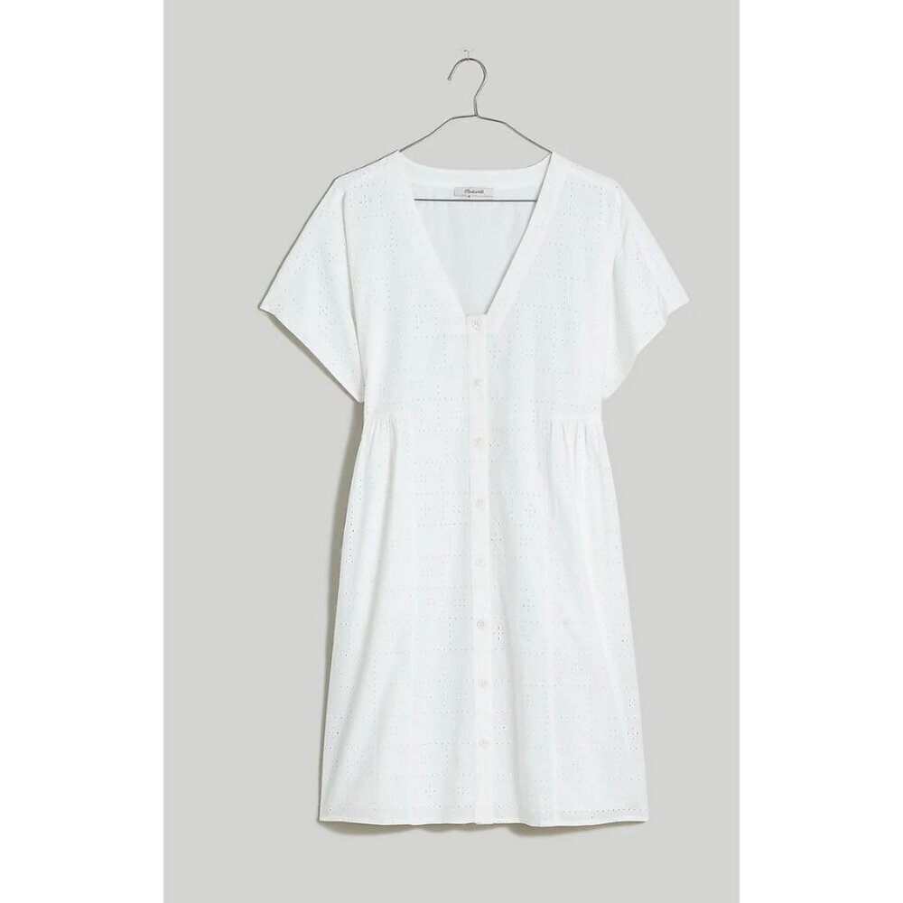 Madewell $98 Button Front V-Neck Mini Dress White Eyelet Size XS NL447